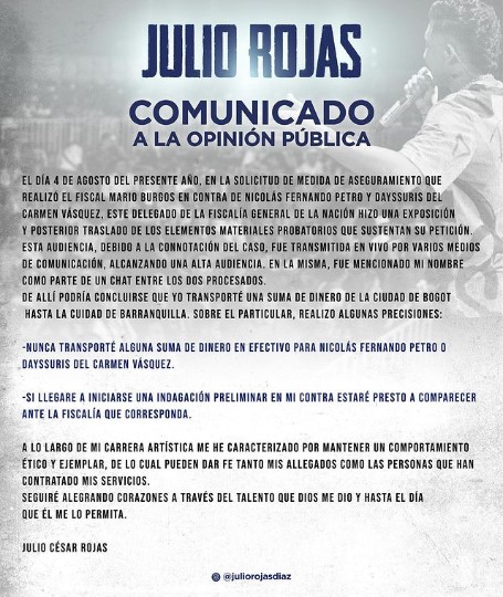 El comunicado de Julio Rojas Díaz
