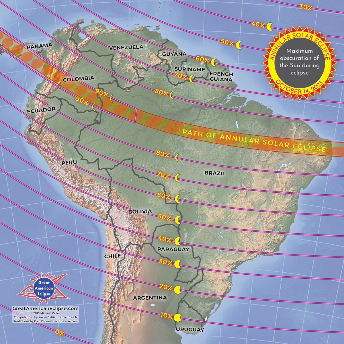 Así se verá el eclipse anular con su respectivo porcentaje (parcial o anular) en su recorrido en América del Sur.  