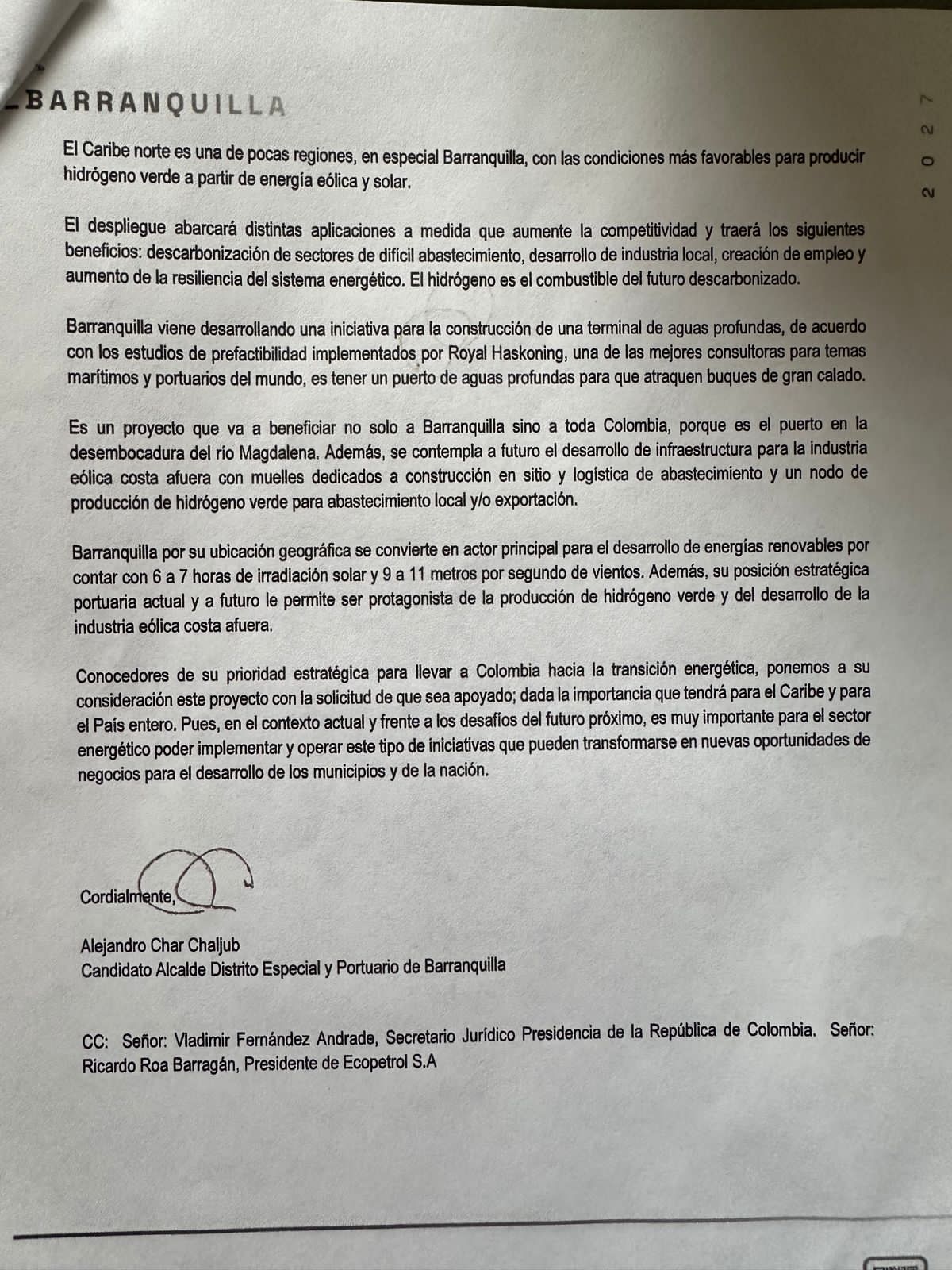 Carta enviada al Presidente Petro