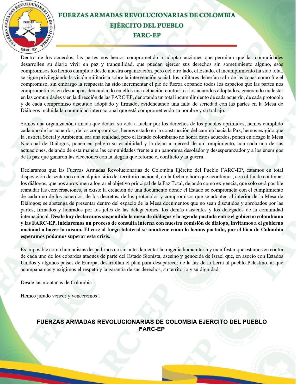 Comunicado emitido por las disidencias de las FARC.