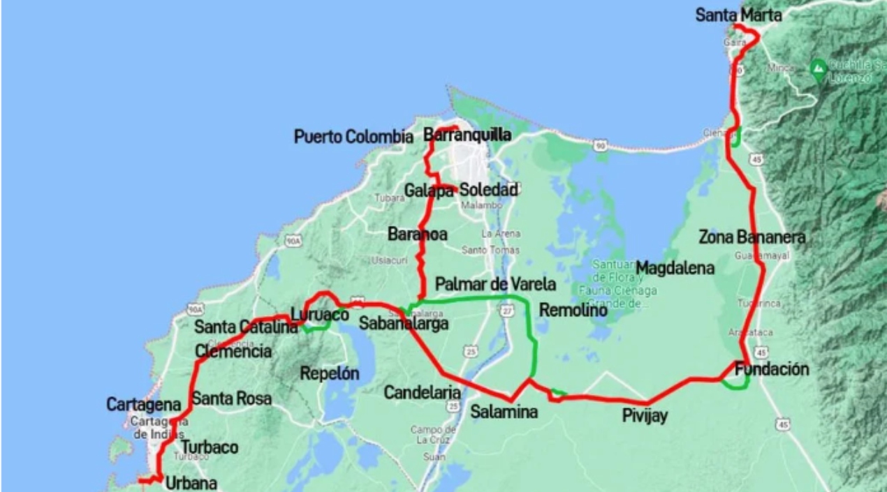 Posible trayecto que tendría el Tren del Caribe entre las tres ciudades. 