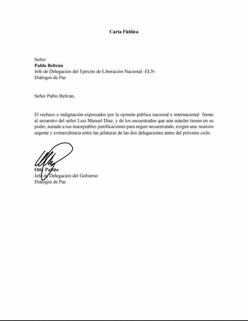 La carta de Otty Patiño a alias 'Pablo Beltrán'.