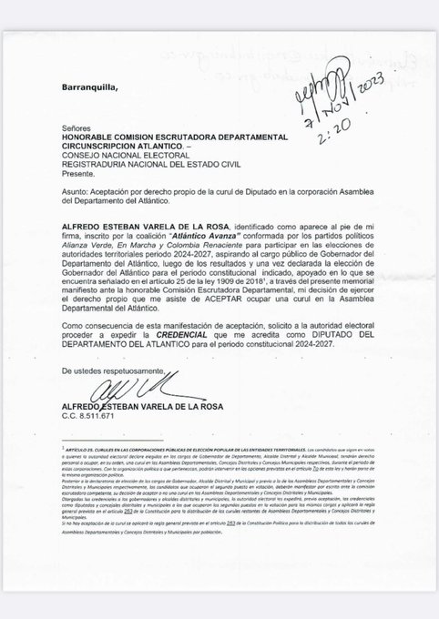 La carta de Alredo Varela a las autoridades electorales