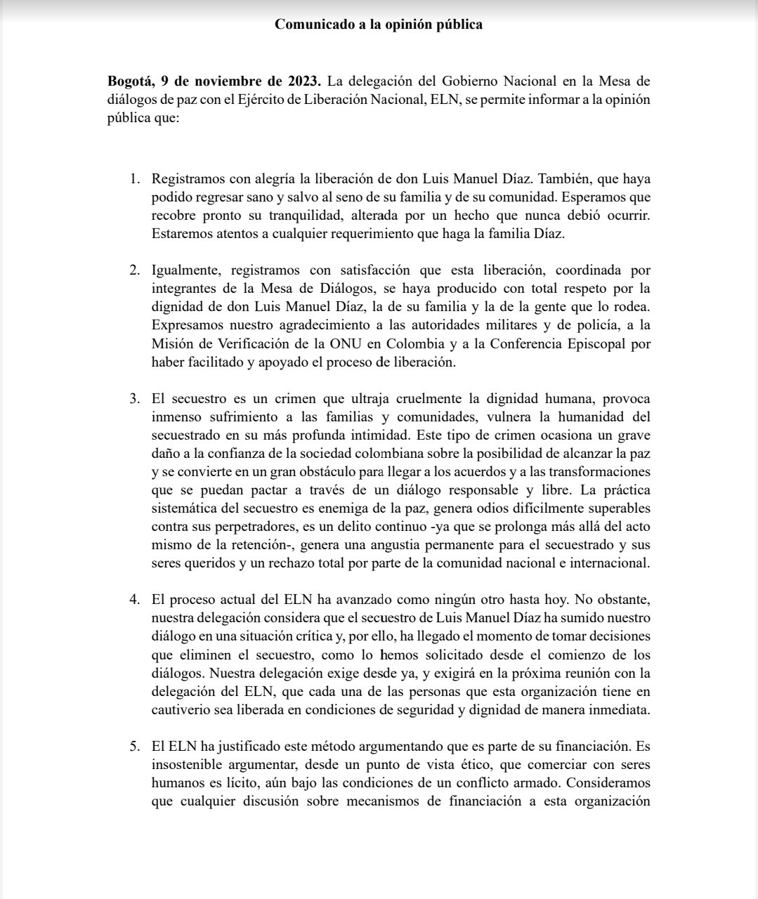 El comunicado de la delegación del Gobierno colombiano en las negociaciones de paz con el ELN