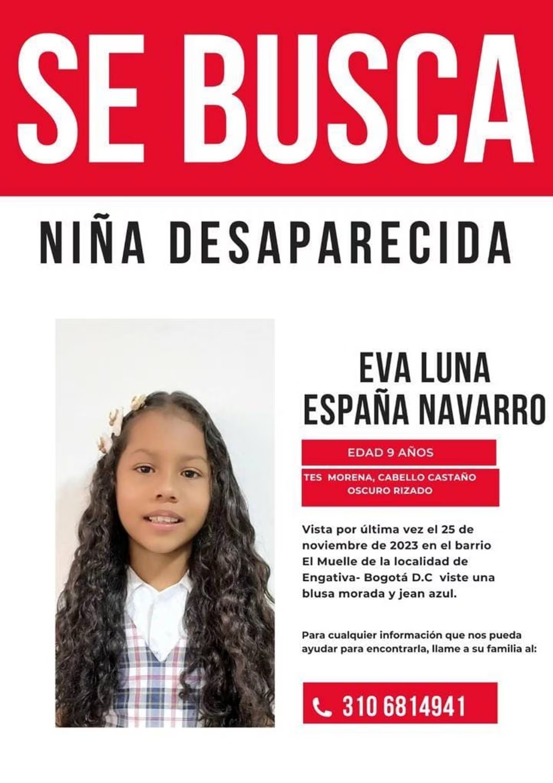 El cartel con el que buscan a Eva Luna Navarro España, de 8 años.