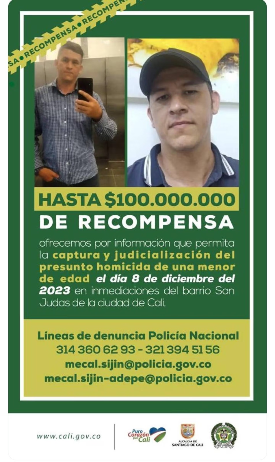 El cartel de la Policía con la foto de Harold Andrés Echeverry Orozco, el señalado asesino