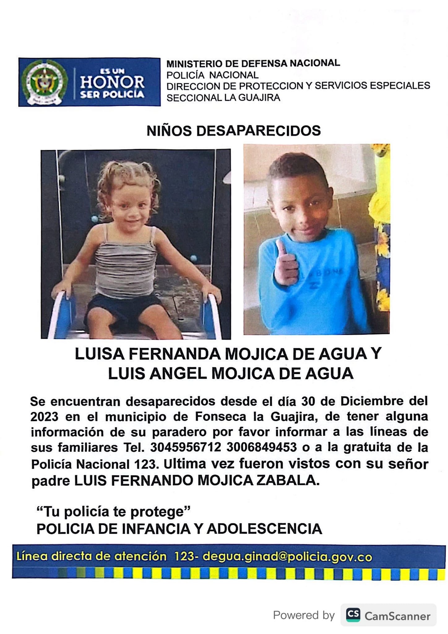 Aviso de desaparecidos de los niños Luisa Fernanda y Luis Ángel