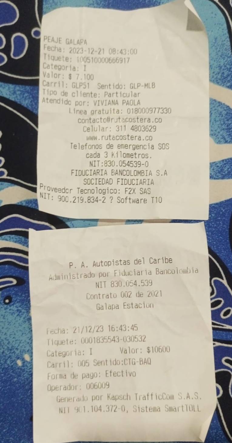 Ticket de pagos en peajes con los que Lilibeth demuestra que estaba fuera de Barranquilla.