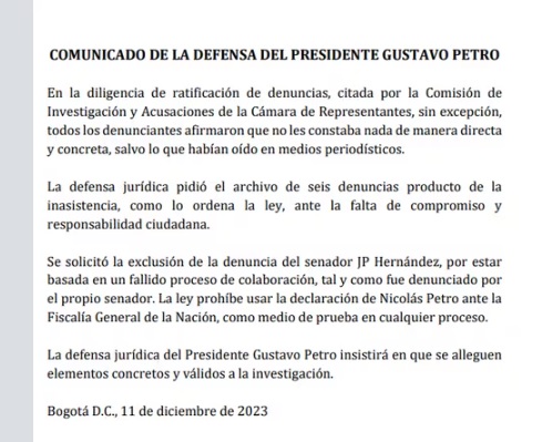 Comunicado de la Defensa del Presidente Petro