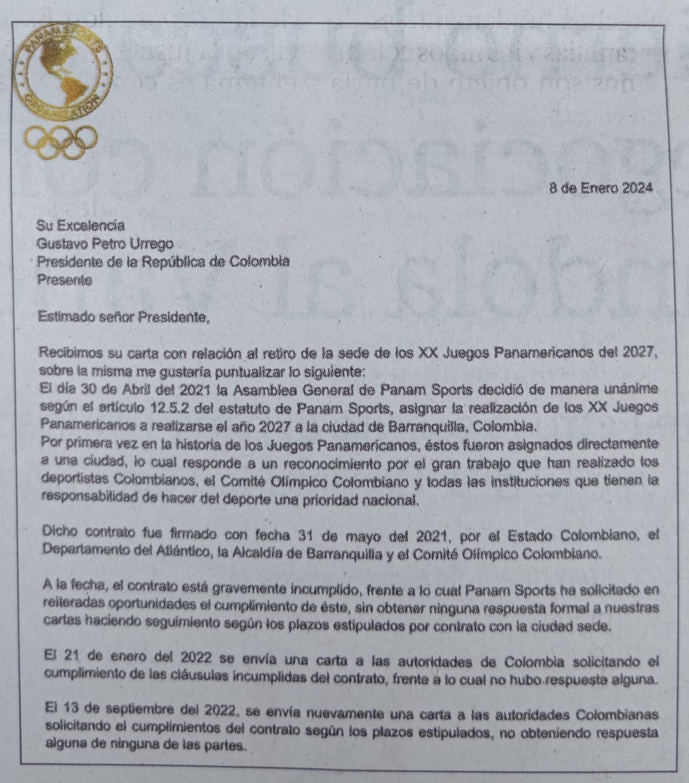 Carta de Panam Sports primera página.