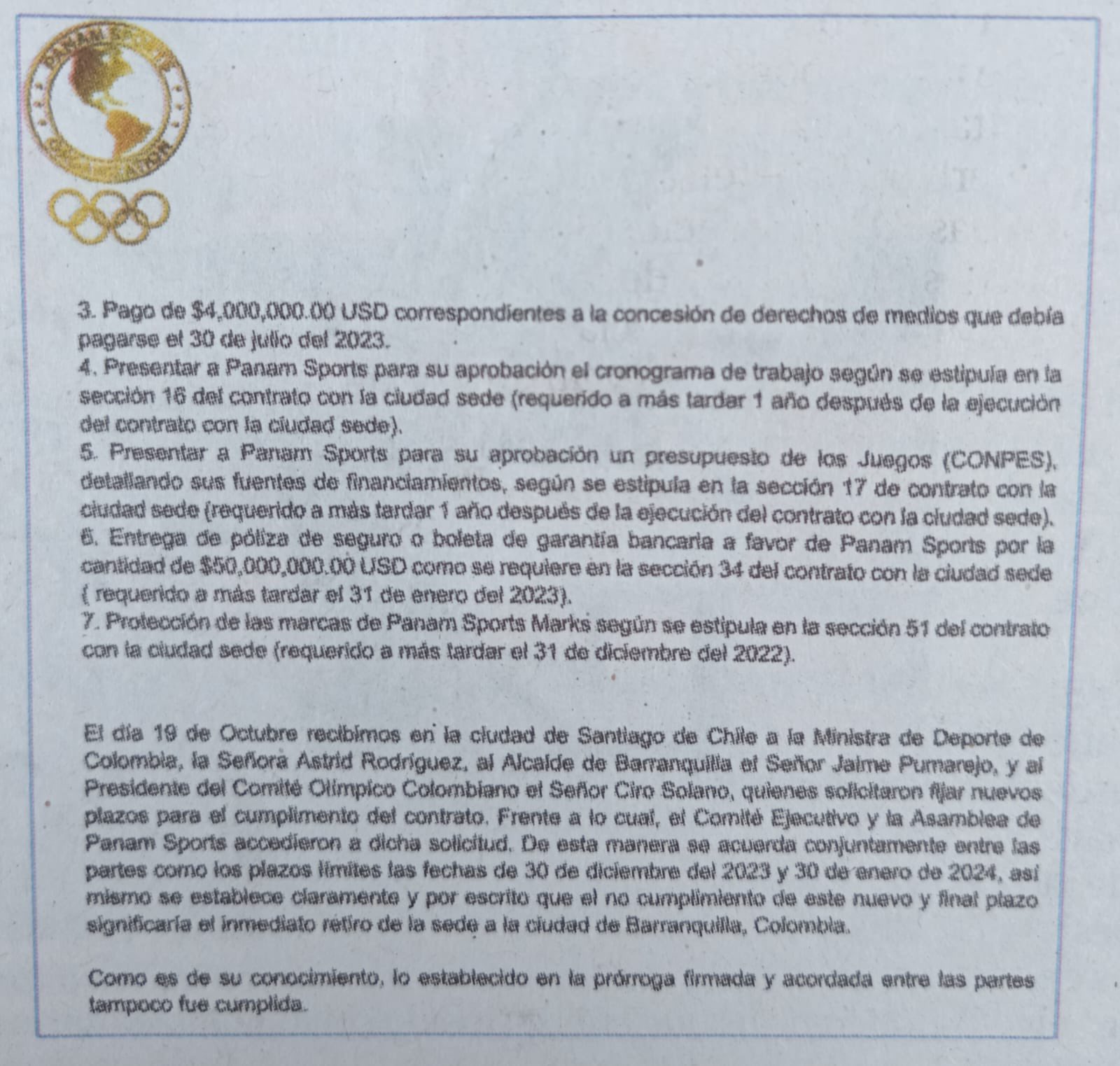 Carta de Panam Sports segunda página.