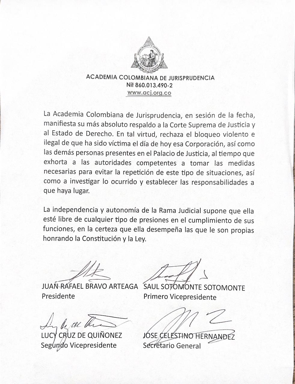 Comunicado de la Academia Colombiana de Jurisprudencia.