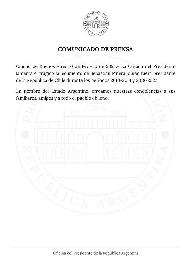 Carta del Gobierno argentino por la muerte de Piñera.