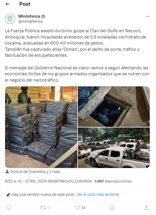 Cocaína incautada en Antioquia. 