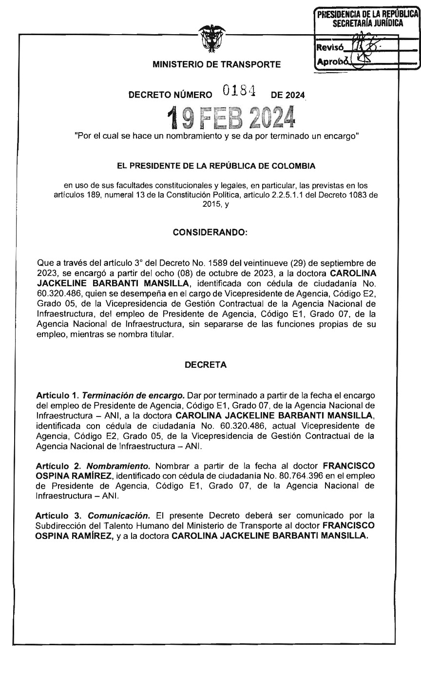 Decreto que confirma a Francisco Ospina como presidente de la ANI.