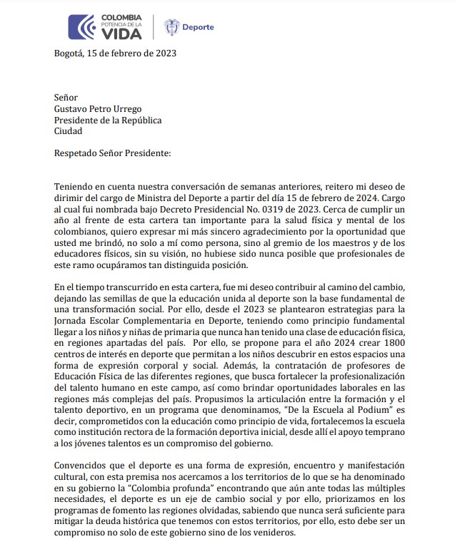 Carta de renuncia de Rodríguez.
