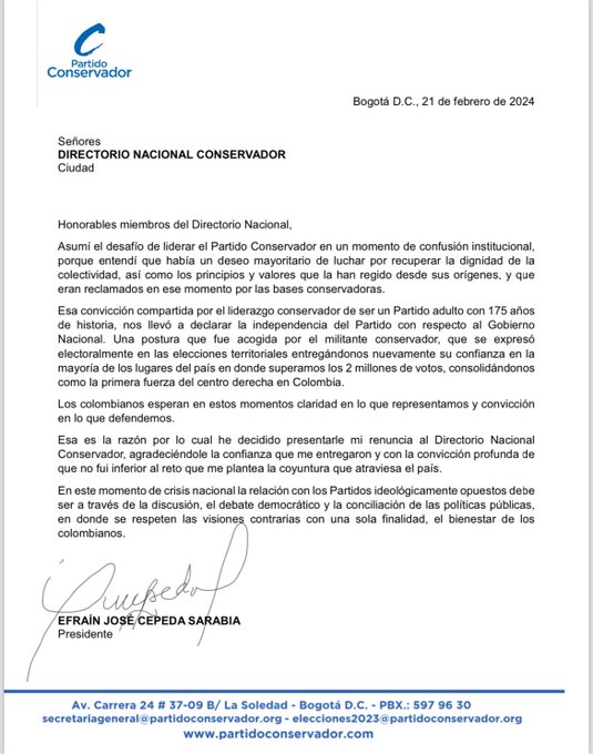 La carta de Efraín Cepeda al Directorio Nacional Conservador