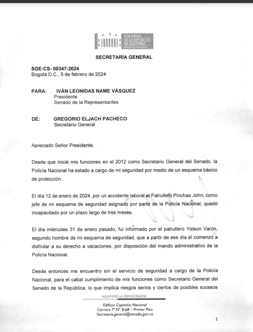 La carta de Gregorio Eljach al presidente del Senado, Iván Name