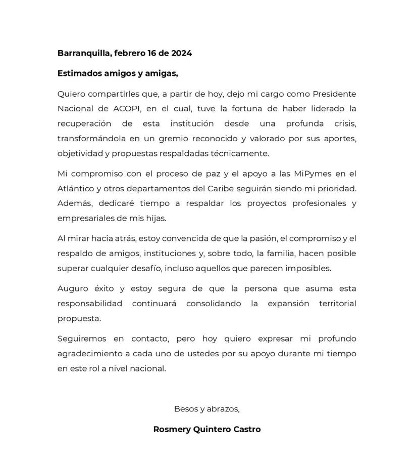 La carta de Rosmery Quintero en la que confirma su renuncia