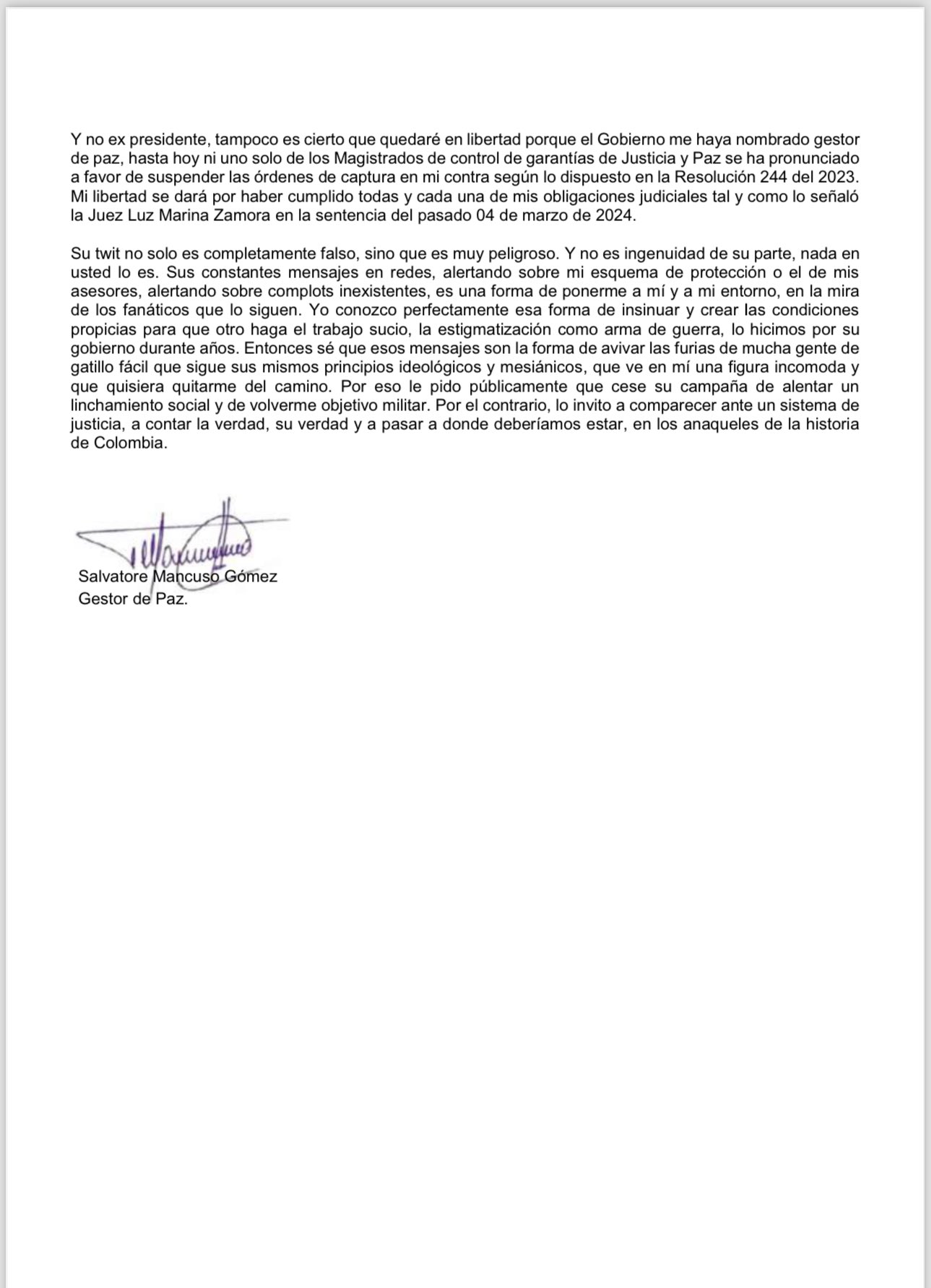 Carta de Salvatore Mancuso a Álvaro Uribe Vélez.