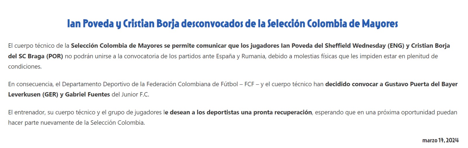 Comunicado Selección Colombia.