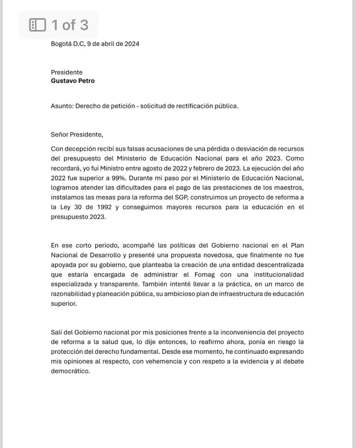 Carta del exministro Alejandro Gaviria.