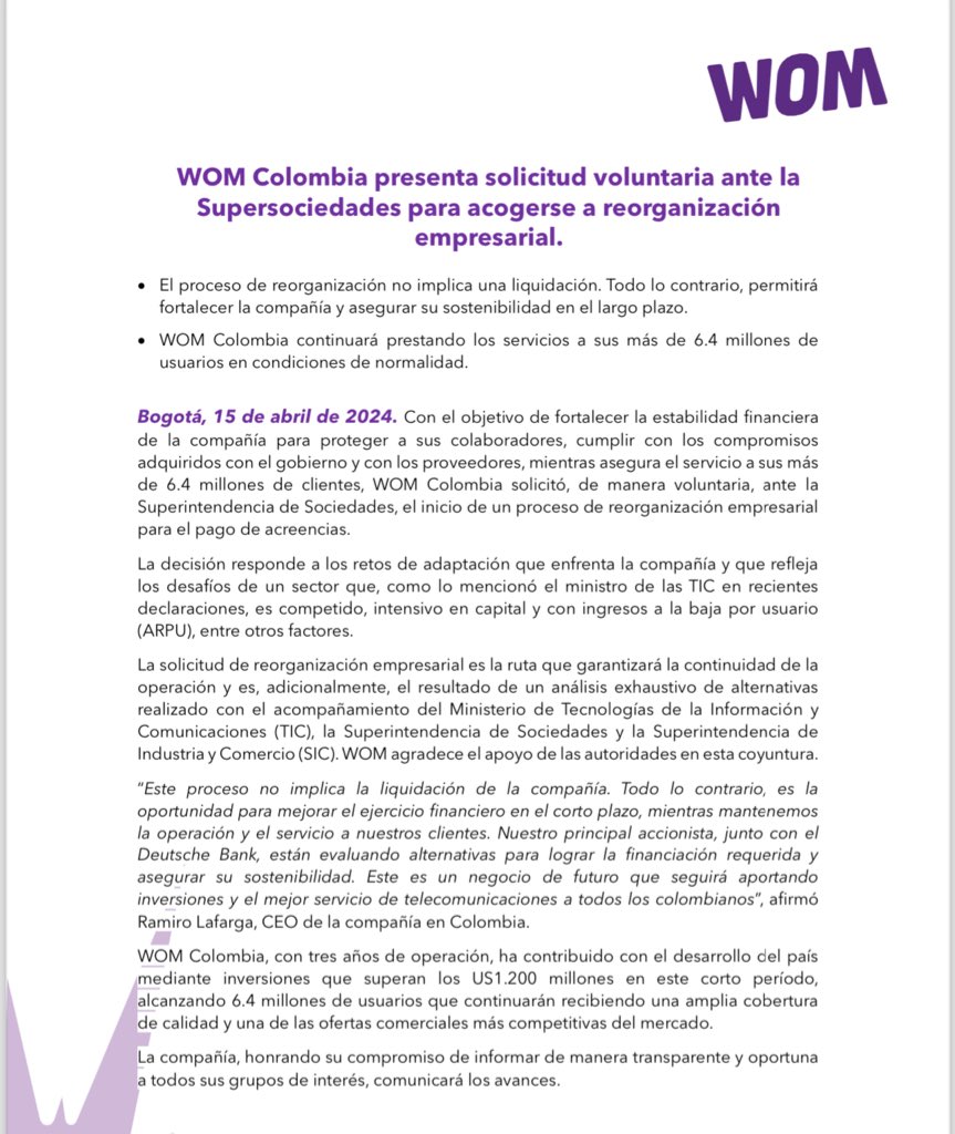 Comunicado de Wom Colombia. 