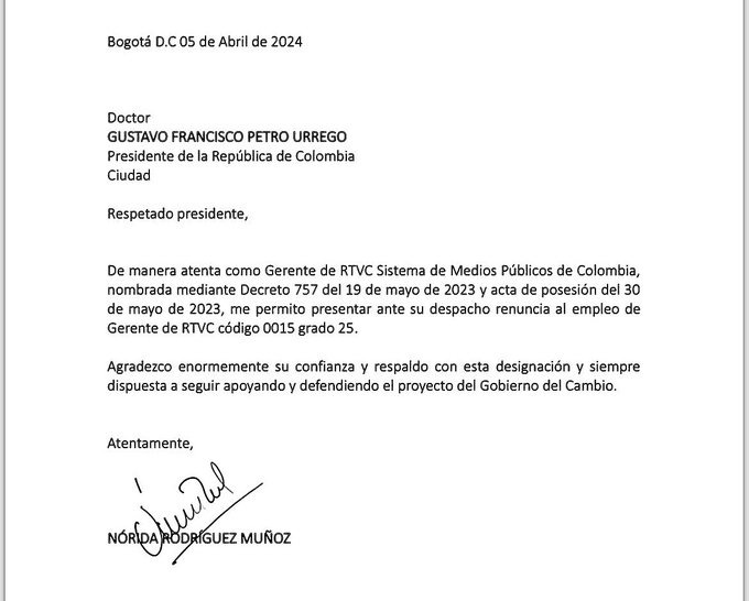 Carta de renuncia de Nórida Rodríguez.