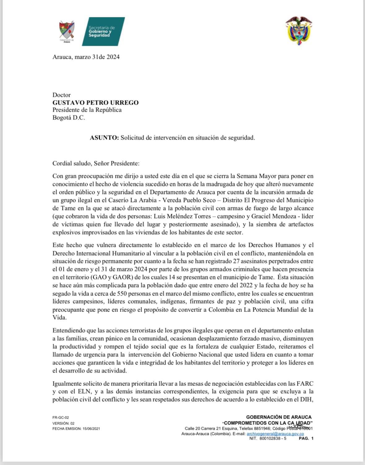 La carta del gobernador de Arauca al presidente Petro