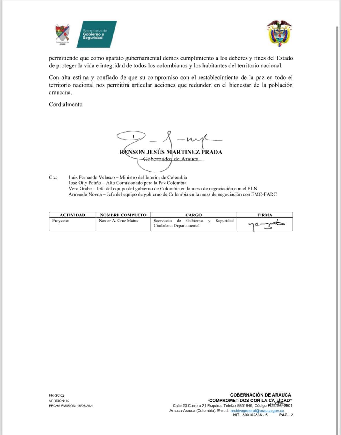 La carta del gobernador de Arauca al presidente Petro