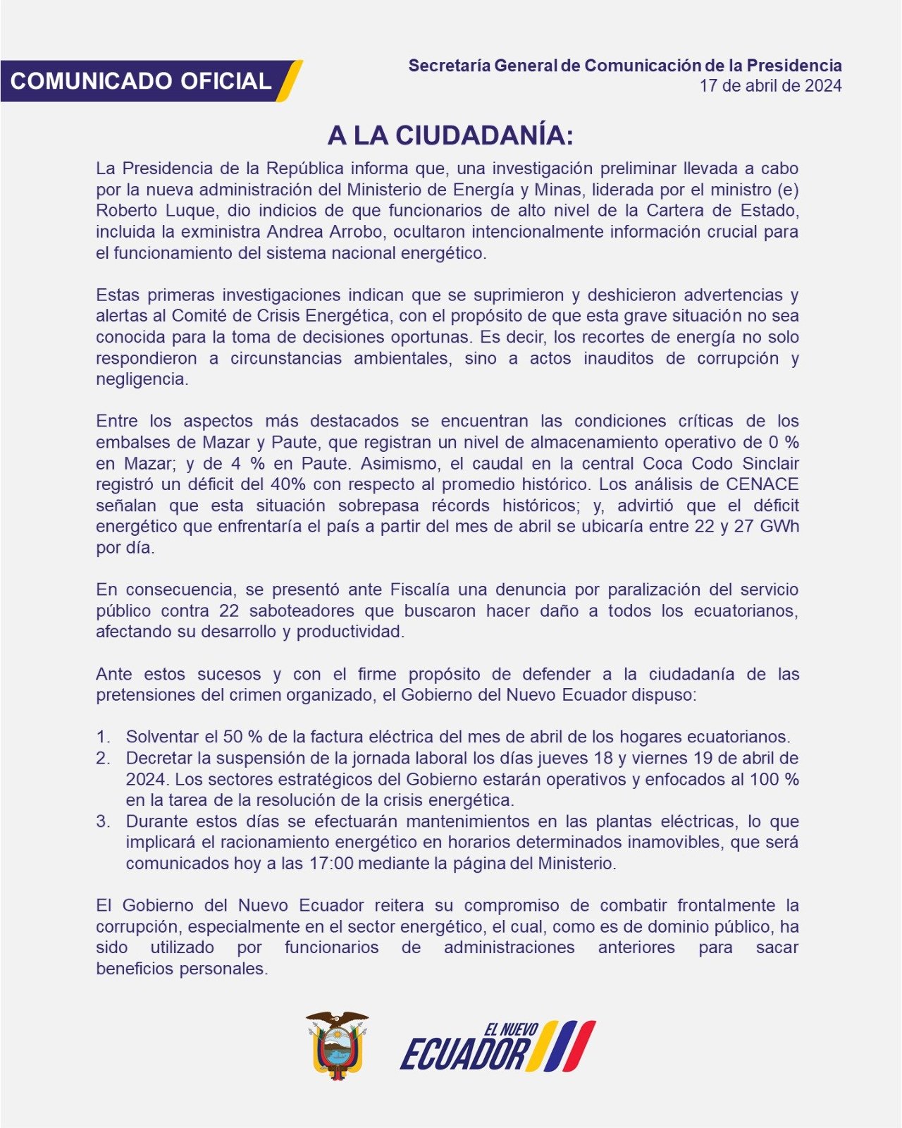 Comunicado de la Presidencia de Ecuador sobre la crisis de energía