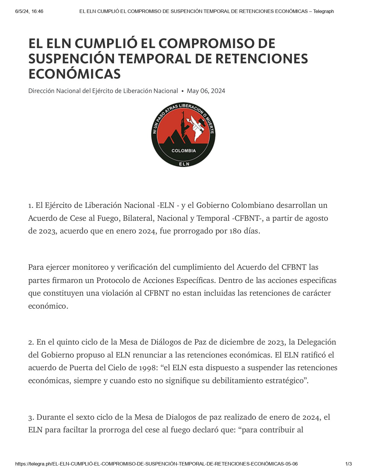 Comunicado del ELN.