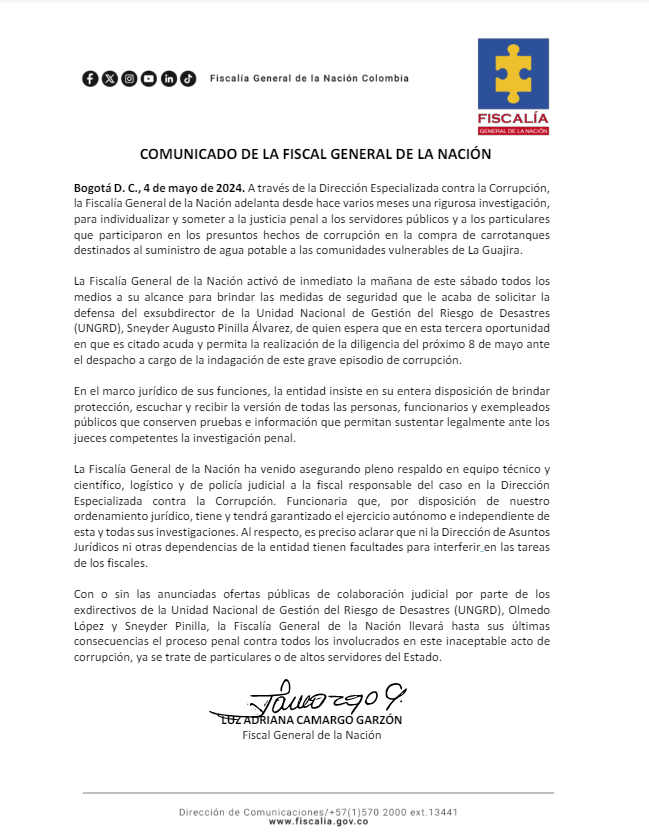 Comunicado de la Fiscalía General de la Nación