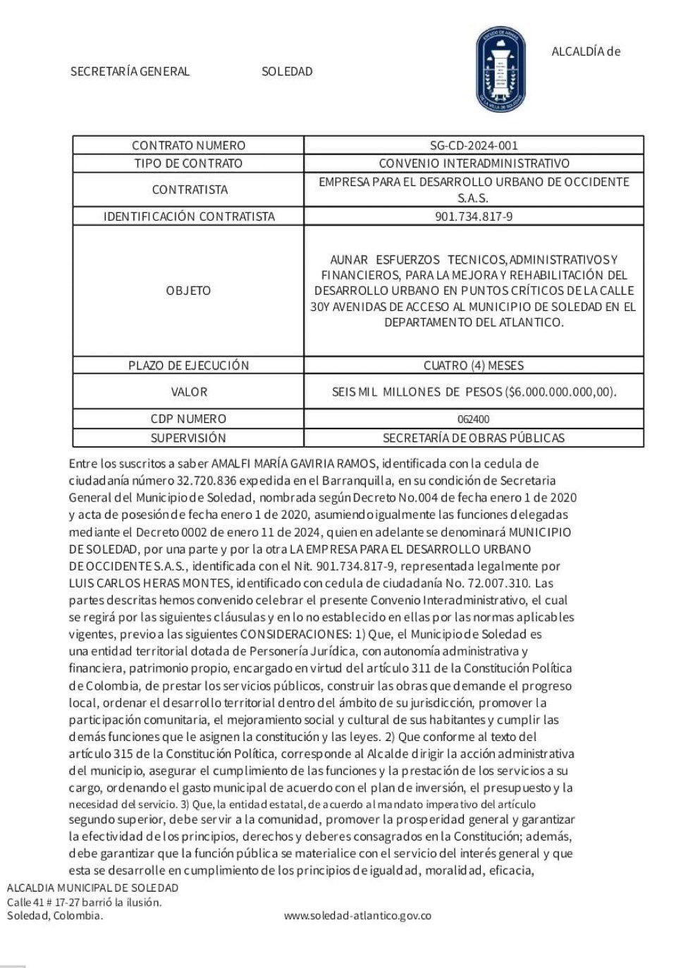 Contrato para la pavimentación de una parte de la calle 30. 