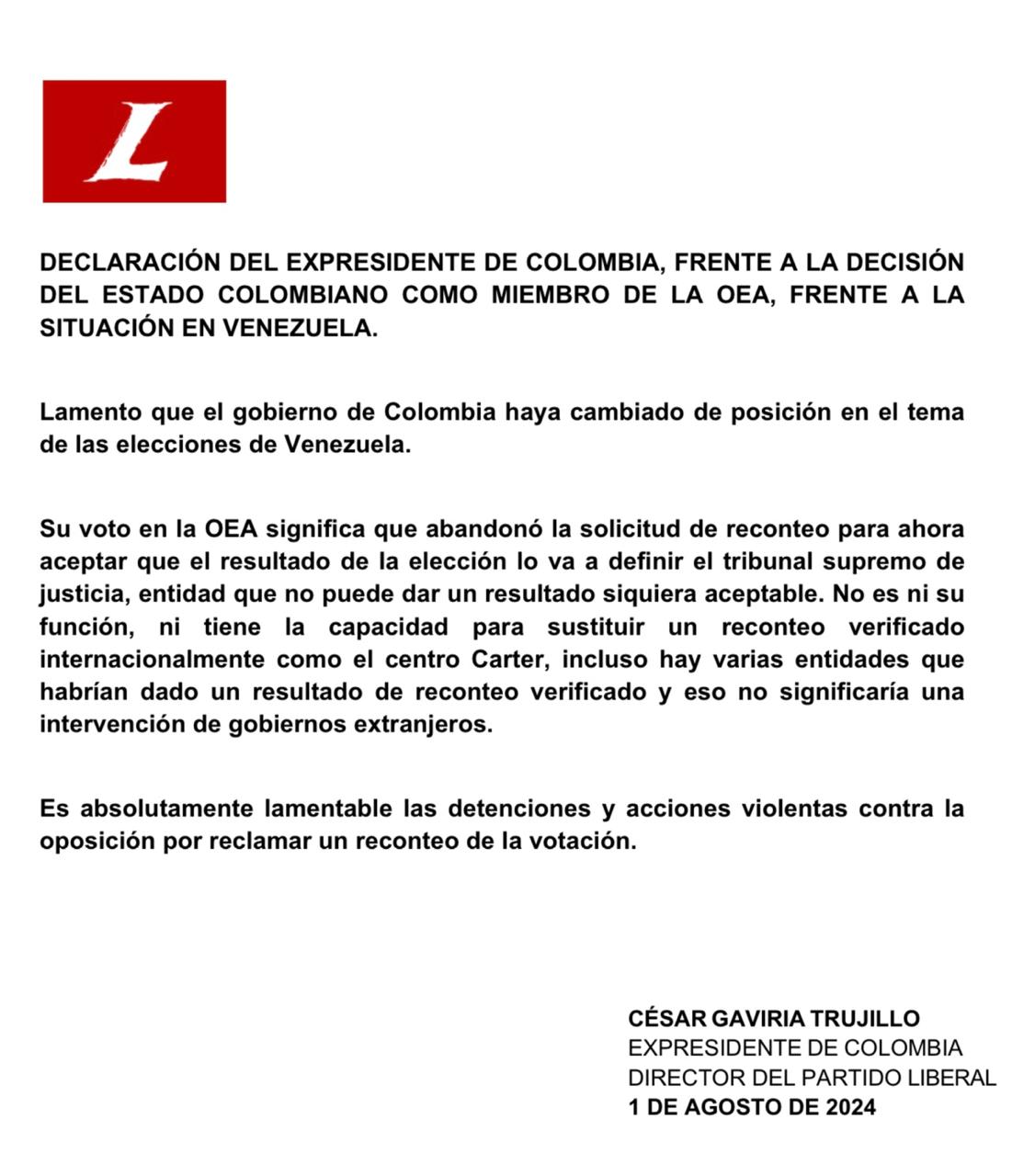 Comunicado de César Gaviria. 