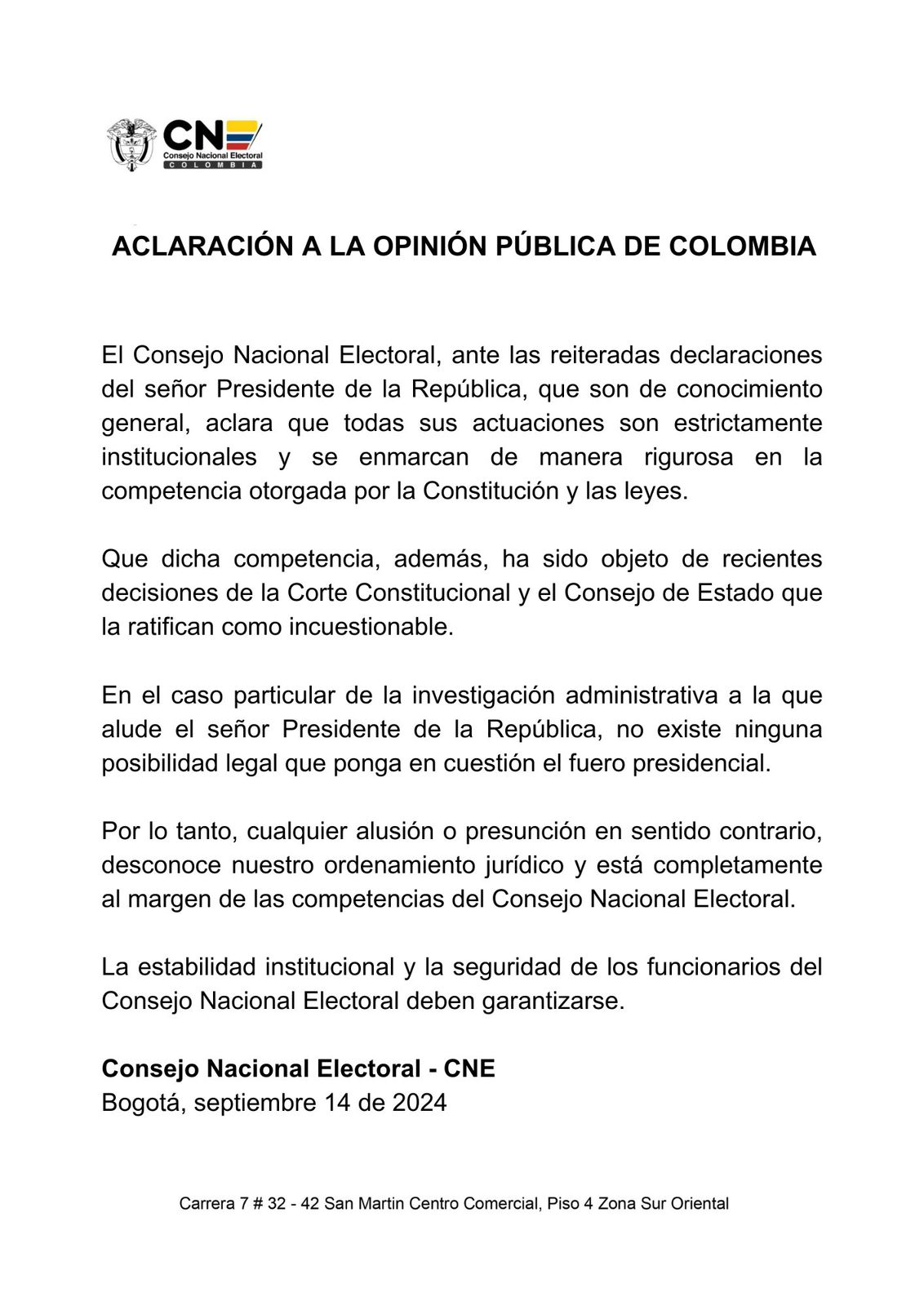 El comunicado del CNE.