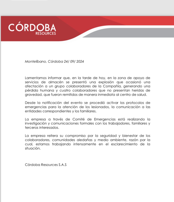 Comunicado de empresa minera. 