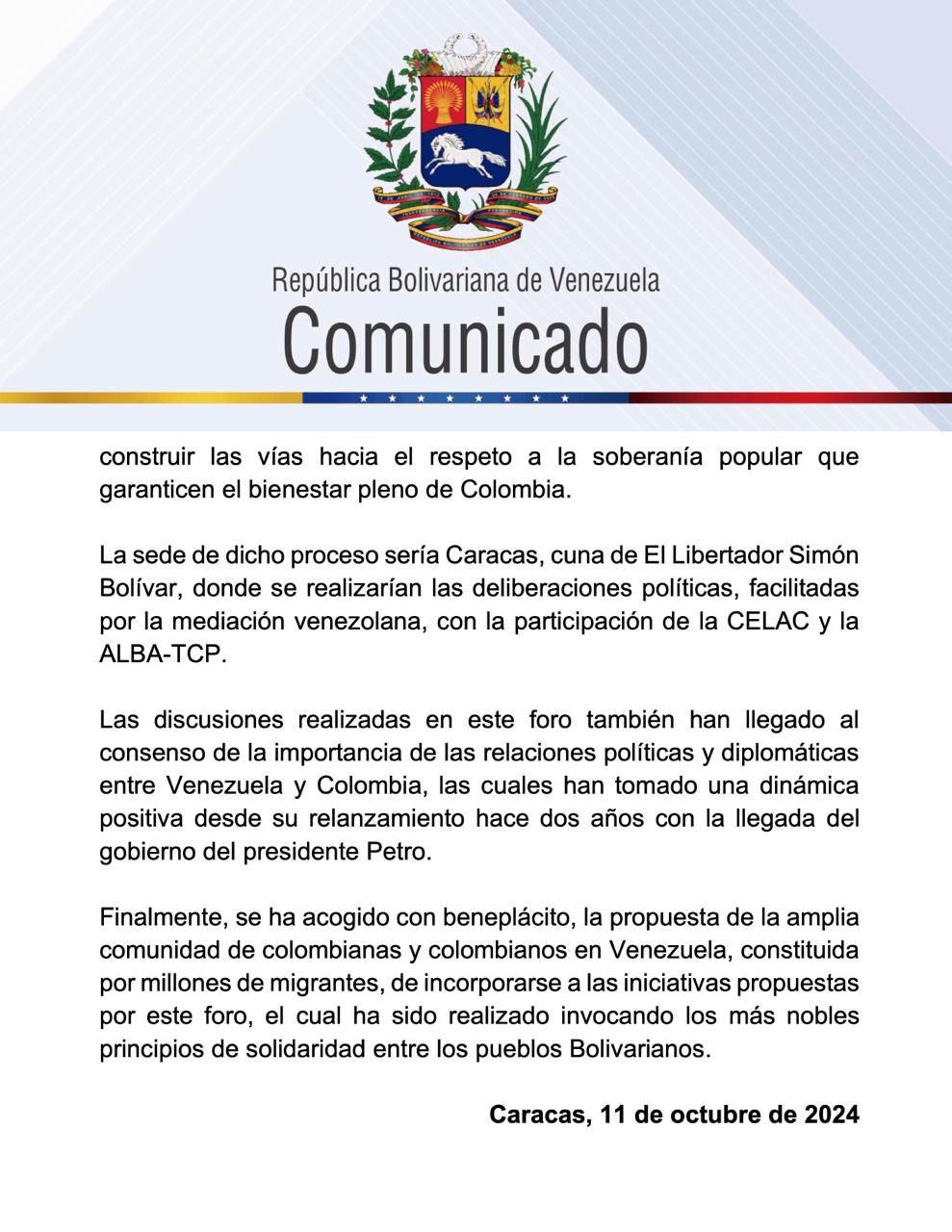 El comunicado emitido por el Gobierno venezolano.