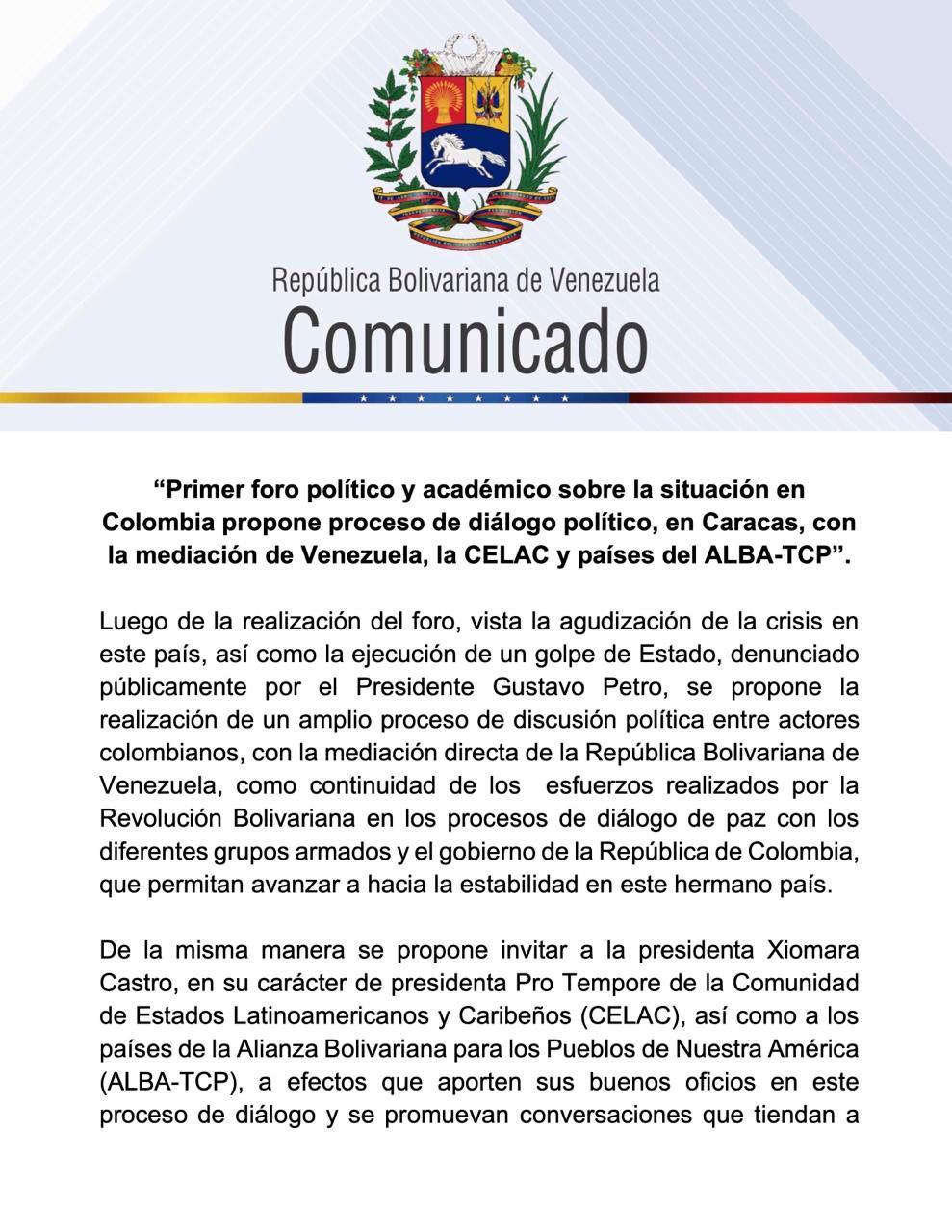 El comunicado emitido por el Gobierno venezolano.