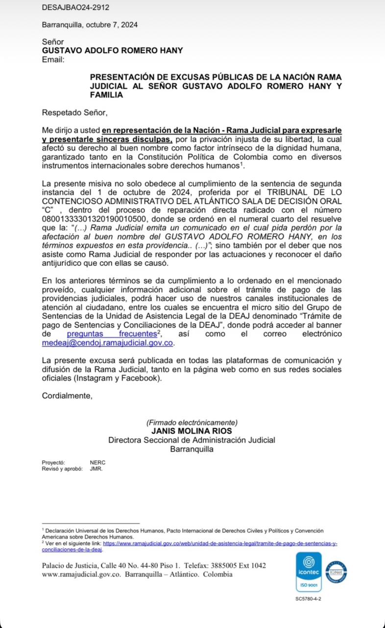 Disculpas públicas de la Rama Judicial al pediatra Gustavo Adolfo Romero Hany.