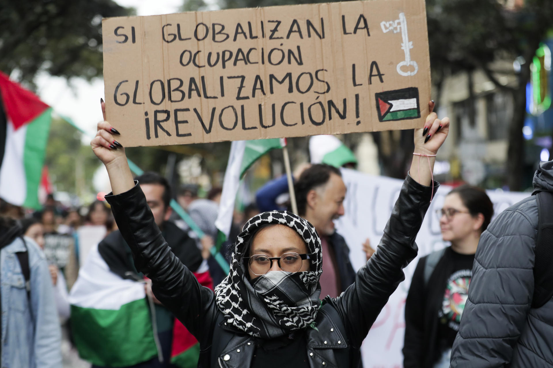 Manifestante pro Palestina en Bogotá.