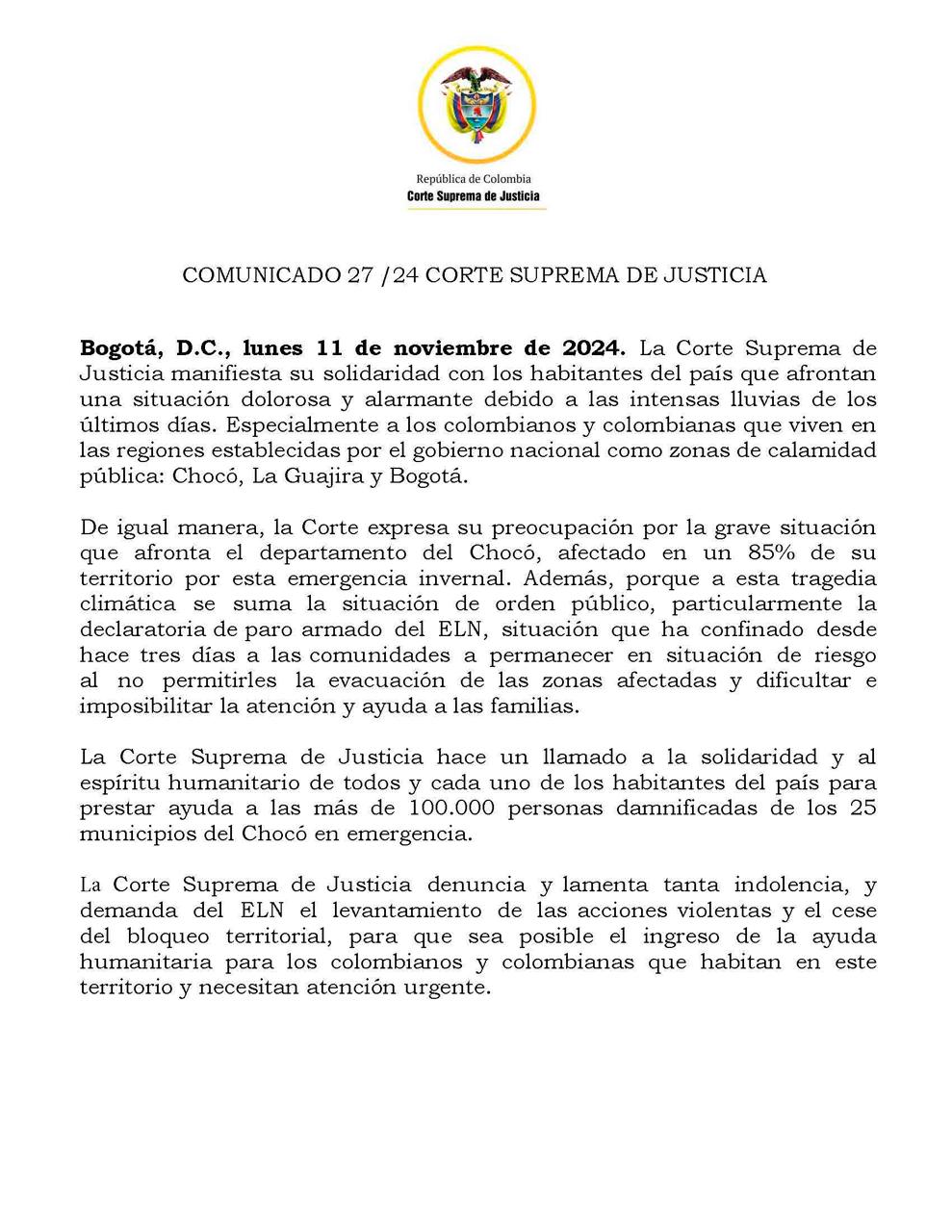 Comunicado de la Corte Suprema.