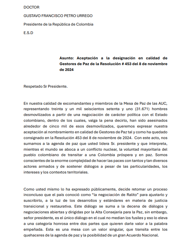 La carta de los exparamilitares.