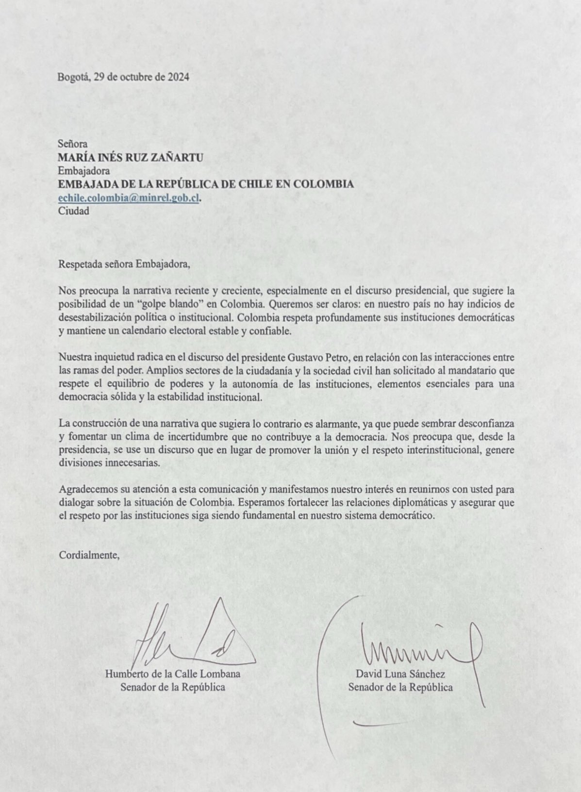 Carta enviada a 56 embajadas. 