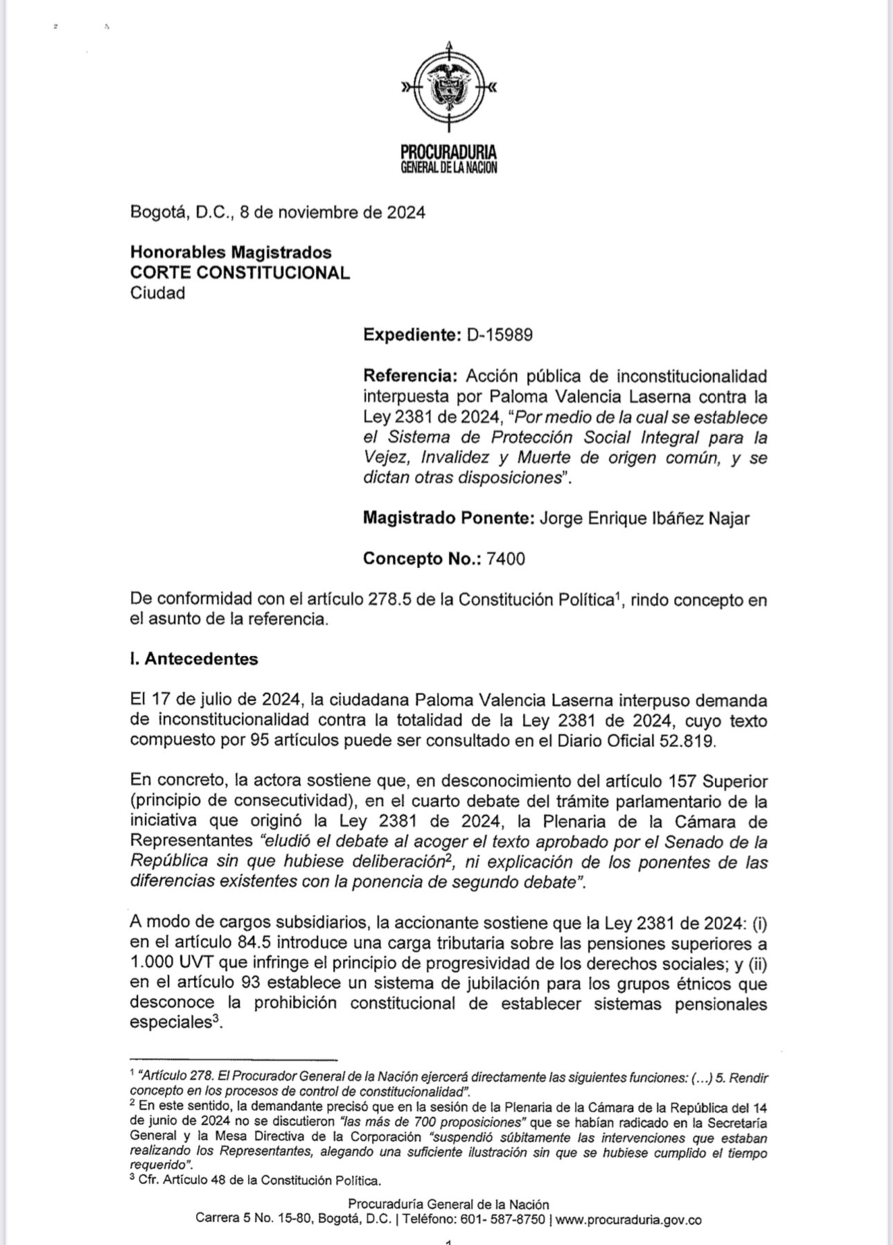 La carta de la Procuradora a la Corte Constitucional.