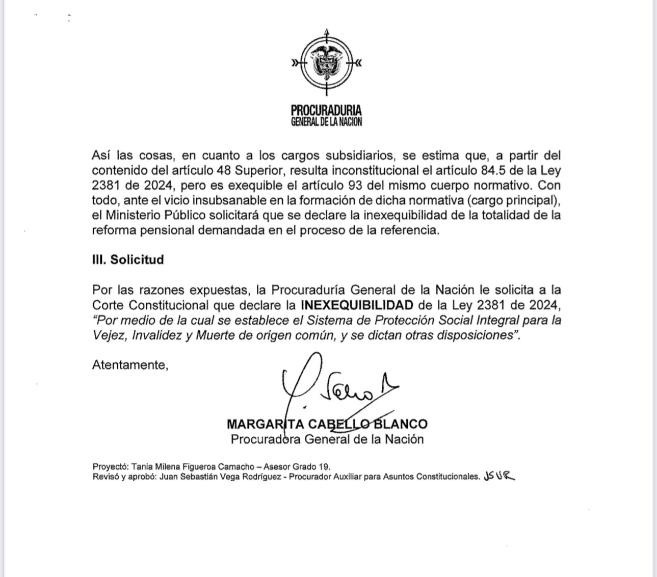 La carta de la Procuradora a la Corte Constitucional.