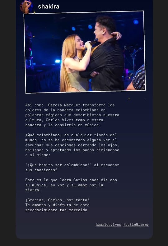 Las palabras que le dedicó Shakira a Carlos Vives. 