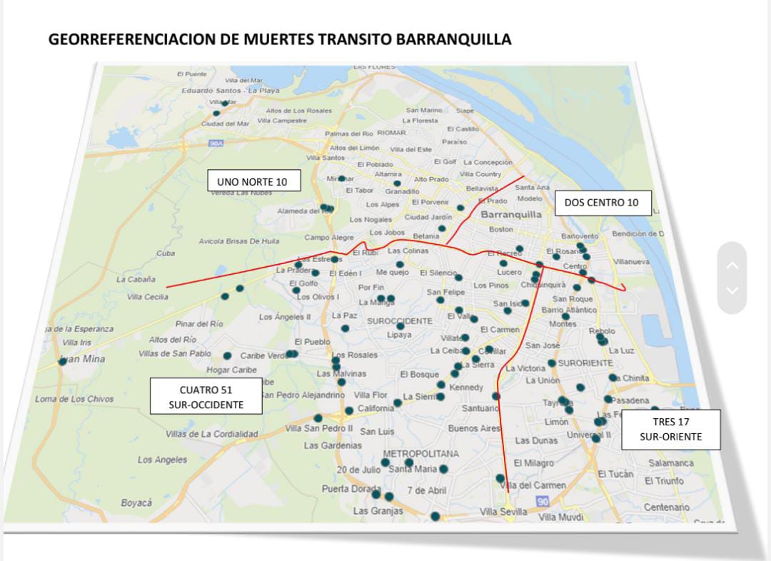 Georeferenciación de los casos registrados en las 4 áreas de la Policía de Tránsito Barranquilla. 