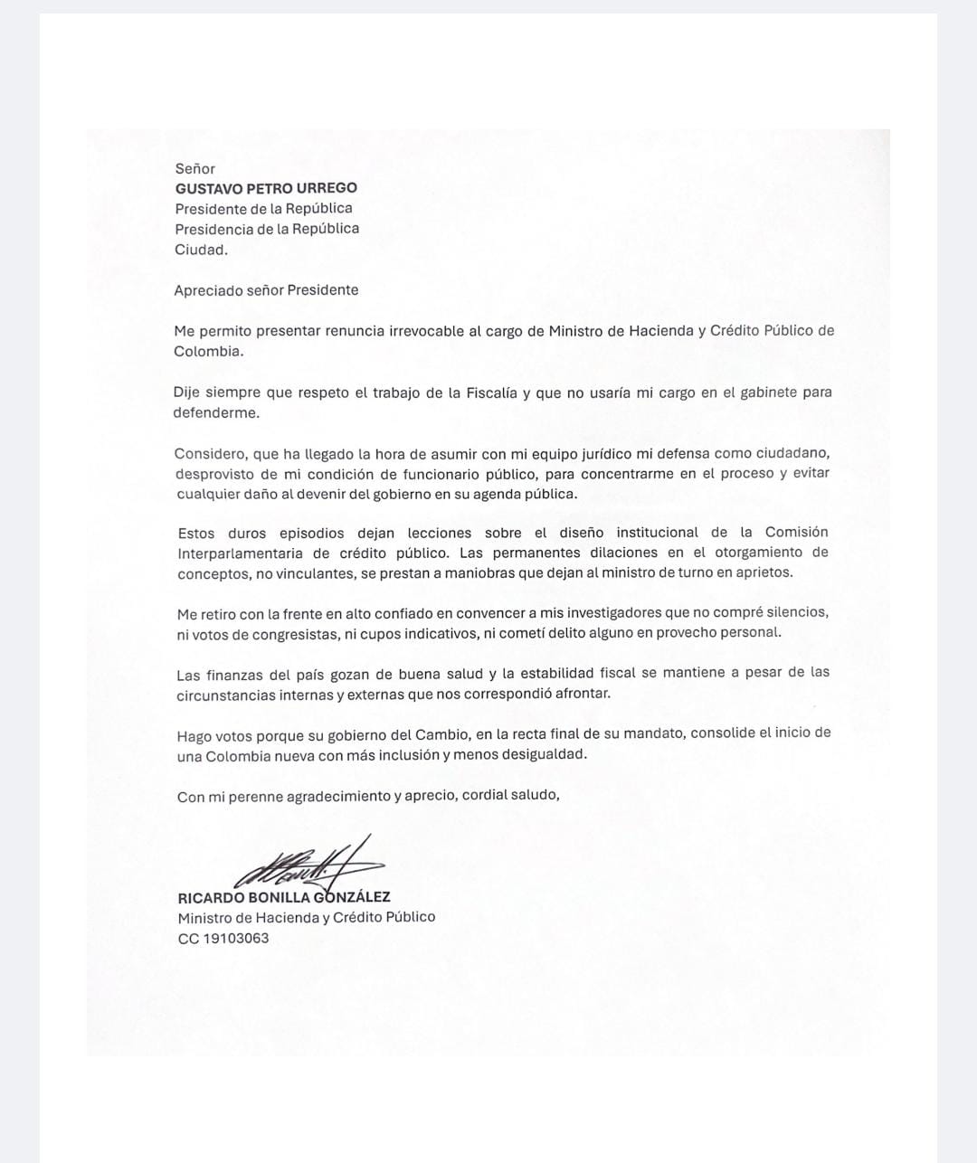 Carta de renuncia de Ricardo Bonilla.