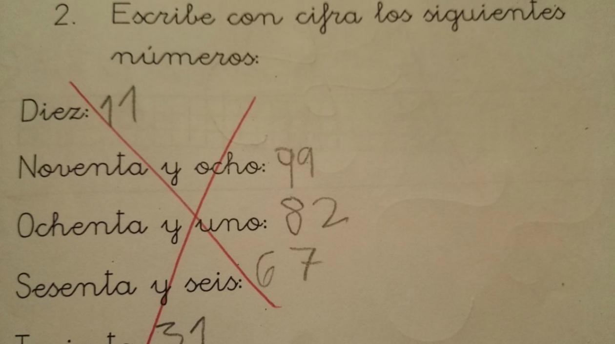 Escribe con cifra los siguientes números y la respuesta del niño fue la que se observa en la foto.